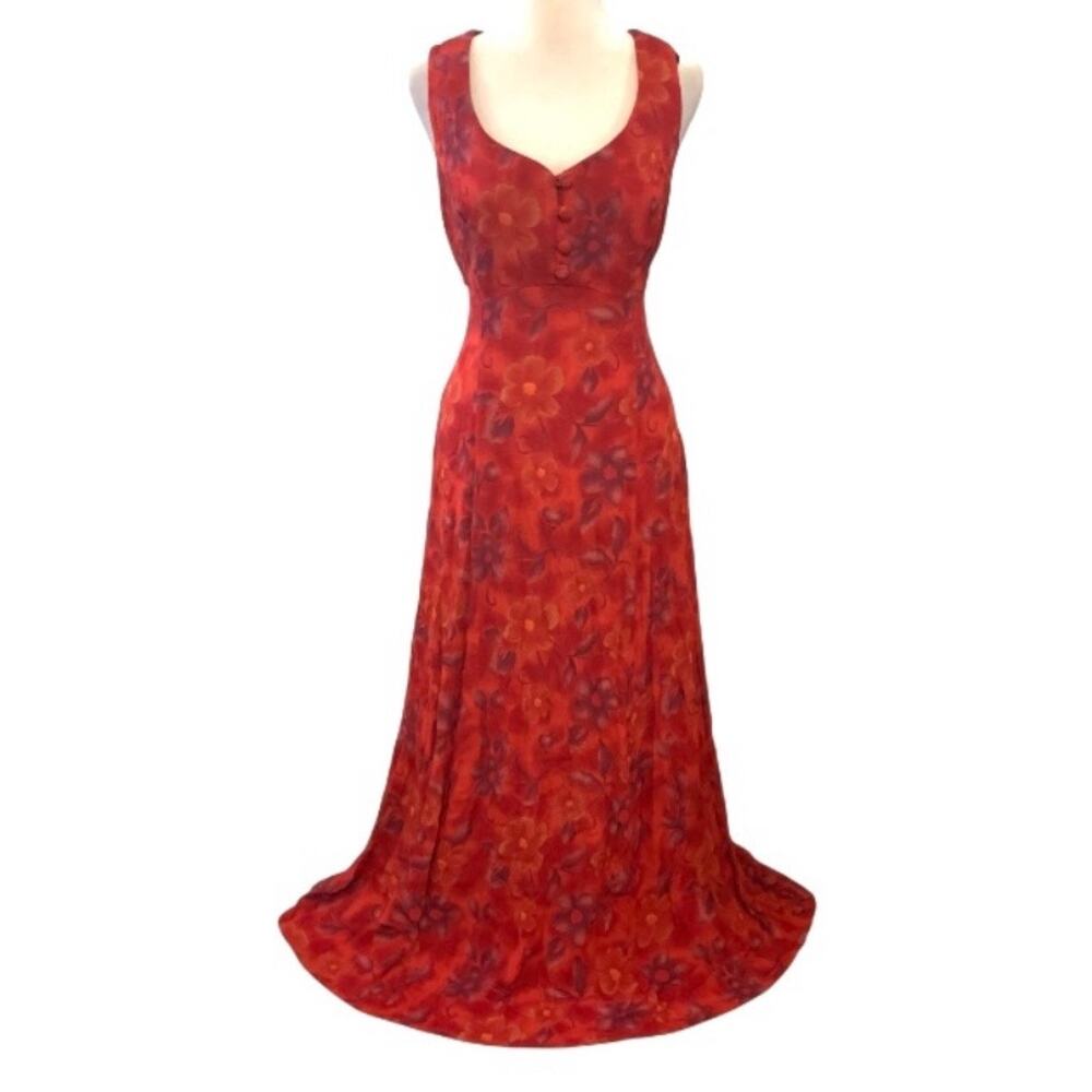 Vintage Y2K 90s Red Floral Maxi Dress Crisscross Back Size 11-12